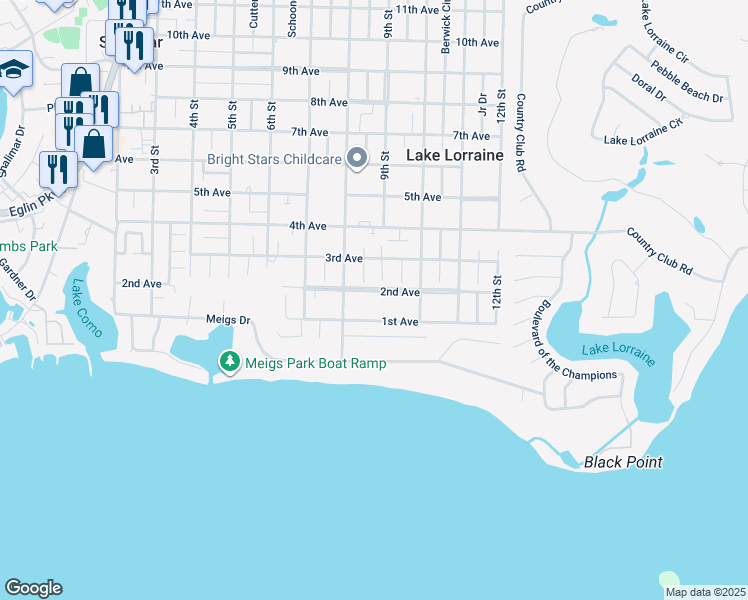 map of restaurants, bars, coffee shops, grocery stores, and more near 100 2nd Avenue in Shalimar