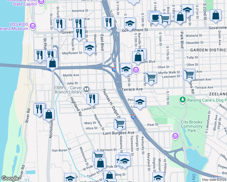 map of restaurants, bars, coffee shops, grocery stores, and more near 996 Terrace Avenue in Baton Rouge