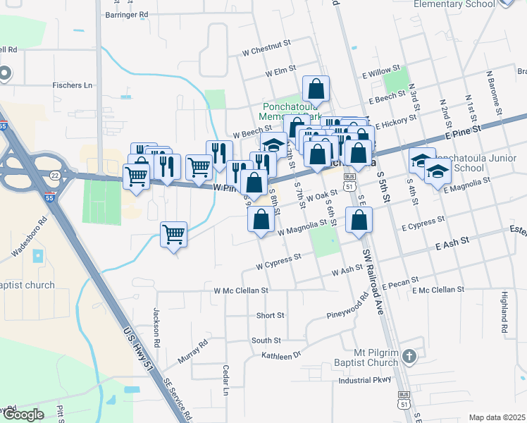 map of restaurants, bars, coffee shops, grocery stores, and more near 163 South 9th Street in Ponchatoula