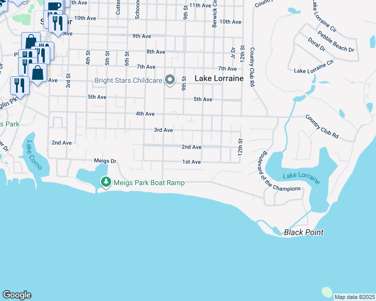 map of restaurants, bars, coffee shops, grocery stores, and more near 100 2nd Avenue in Shalimar