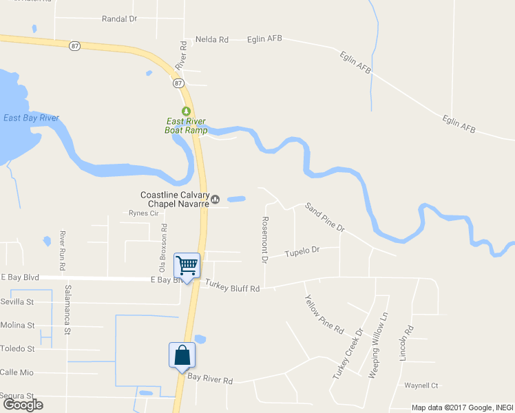 map of restaurants, bars, coffee shops, grocery stores, and more near 2791 Rosemont Drive in Navarre