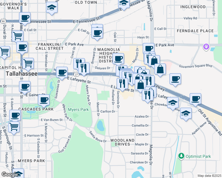 map of restaurants, bars, coffee shops, grocery stores, and more near in Tallahassee