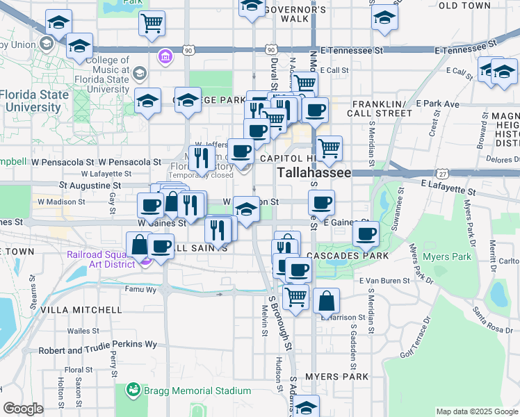 map of restaurants, bars, coffee shops, grocery stores, and more near 622 South Duval Street in Tallahassee