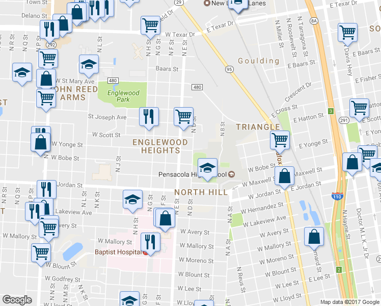 map of restaurants, bars, coffee shops, grocery stores, and more near 2321 North D Street in Pensacola