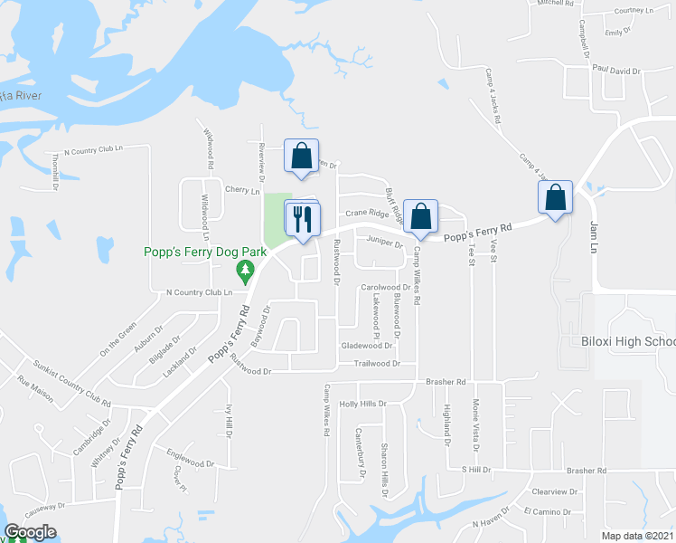 map of restaurants, bars, coffee shops, grocery stores, and more near Rustwood Drive in Biloxi