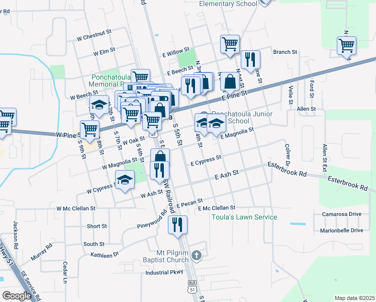 map of restaurants, bars, coffee shops, grocery stores, and more near 225 East Magnolia Street in Ponchatoula