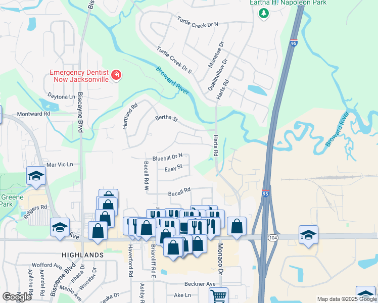map of restaurants, bars, coffee shops, grocery stores, and more near 1025 Bluehill Drive North in Jacksonville