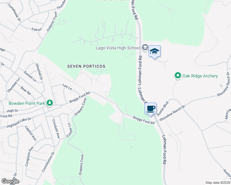 map of restaurants, bars, coffee shops, grocery stores, and more near 19708 Boggy Ford Road in Lago Vista