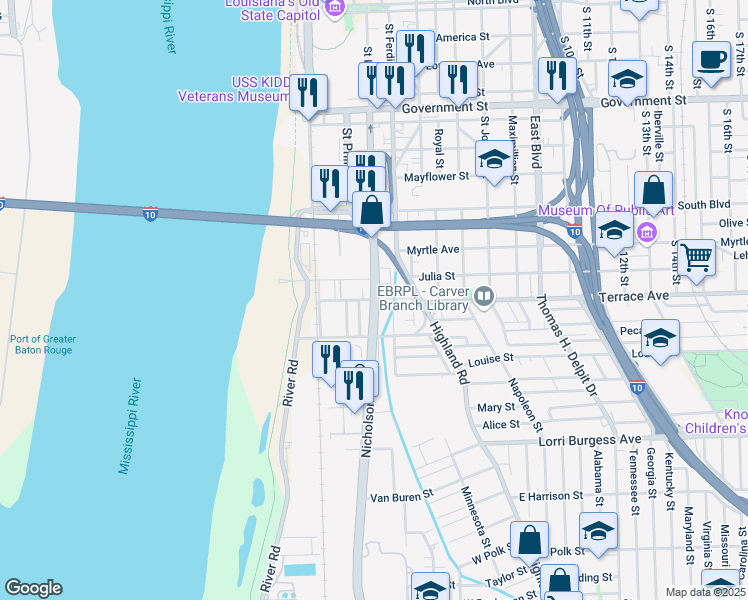 map of restaurants, bars, coffee shops, grocery stores, and more near Nicholson Dr & Terrace Ave in Baton Rouge