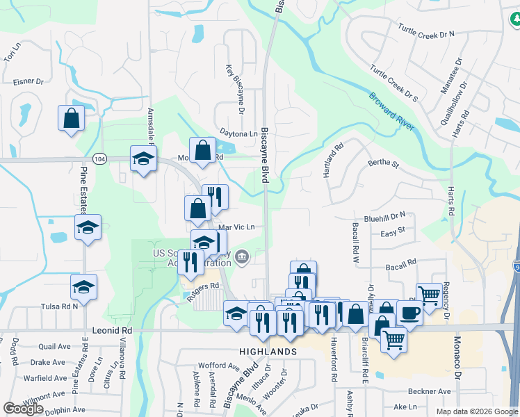 map of restaurants, bars, coffee shops, grocery stores, and more near 11034 Biscayne Boulevard in Jacksonville