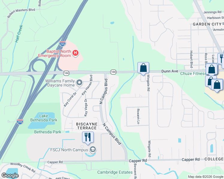 map of restaurants, bars, coffee shops, grocery stores, and more near 11052 Campus Heights Lane in Jacksonville