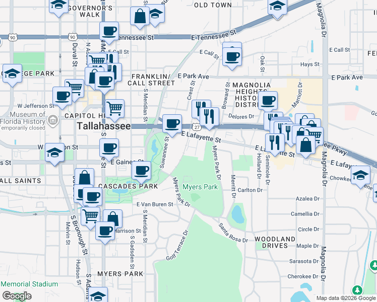 map of restaurants, bars, coffee shops, grocery stores, and more near 524 Marvin Street in Tallahassee