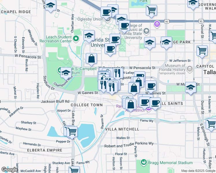 map of restaurants, bars, coffee shops, grocery stores, and more near 815 West Madison Street in Tallahassee