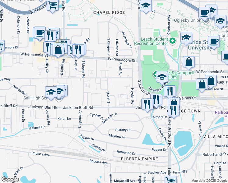 map of restaurants, bars, coffee shops, grocery stores, and more near 324 Mayo Street in Tallahassee