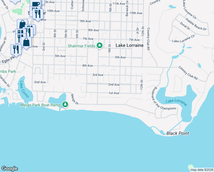 map of restaurants, bars, coffee shops, grocery stores, and more near 100 2nd Avenue in Shalimar