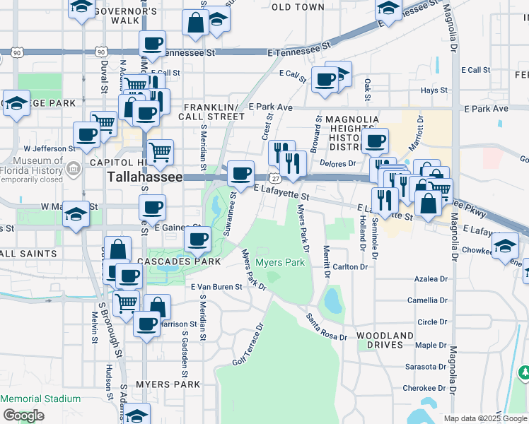map of restaurants, bars, coffee shops, grocery stores, and more near 524 Marvin Street in Tallahassee