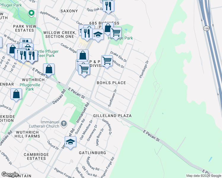 map of restaurants, bars, coffee shops, grocery stores, and more near 1206 Petunia Lane in Pflugerville