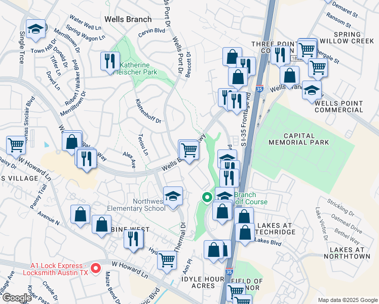 map of restaurants, bars, coffee shops, grocery stores, and more near 1773 Wells Branch Parkway in Austin