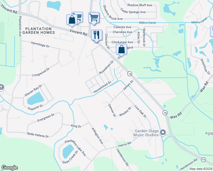 map of restaurants, bars, coffee shops, grocery stores, and more near 25452 Homestead Drive in Denham Springs
