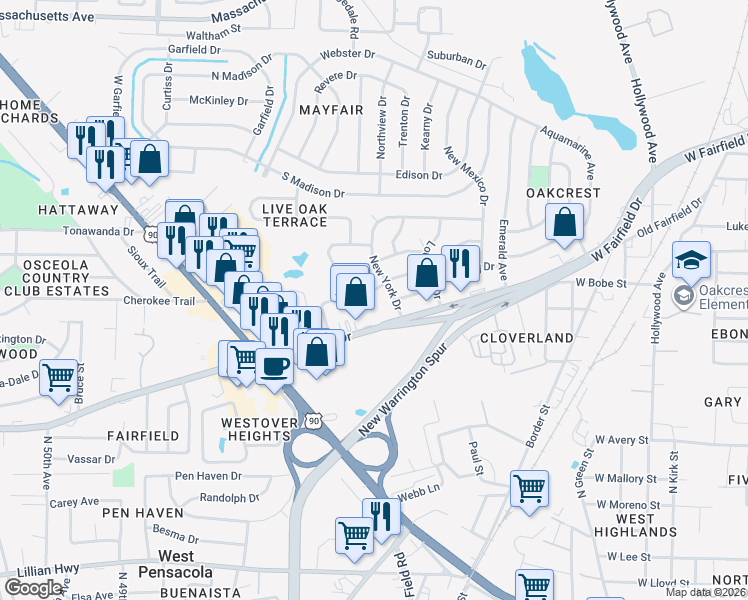 map of restaurants, bars, coffee shops, grocery stores, and more near 103 Tennessee Drive in Pensacola