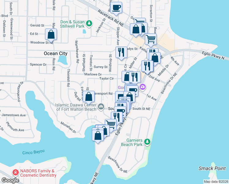map of restaurants, bars, coffee shops, grocery stores, and more near 105 Davenport Road in Fort Walton Beach