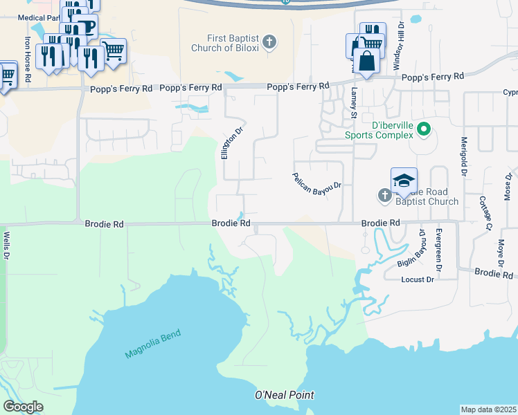 map of restaurants, bars, coffee shops, grocery stores, and more near 1564 Quintin Court in Biloxi