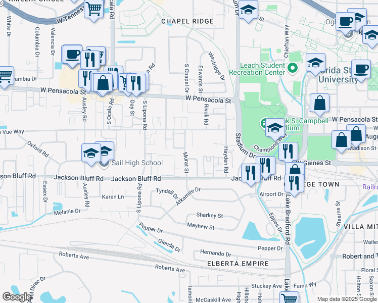 map of restaurants, bars, coffee shops, grocery stores, and more near 324 Mayo Street in Tallahassee