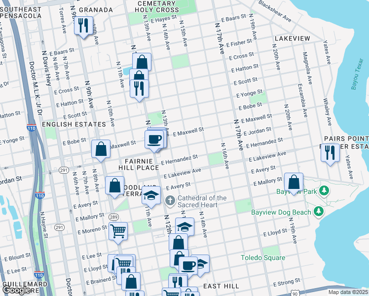 map of restaurants, bars, coffee shops, grocery stores, and more near 2071 North 14th Avenue in Pensacola