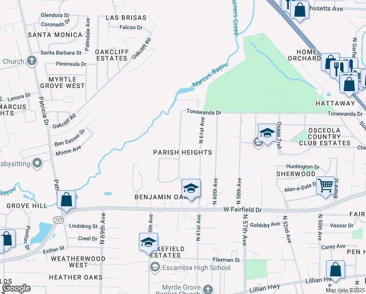 map of restaurants, bars, coffee shops, grocery stores, and more near 2000 Brenda Avenue in Pensacola
