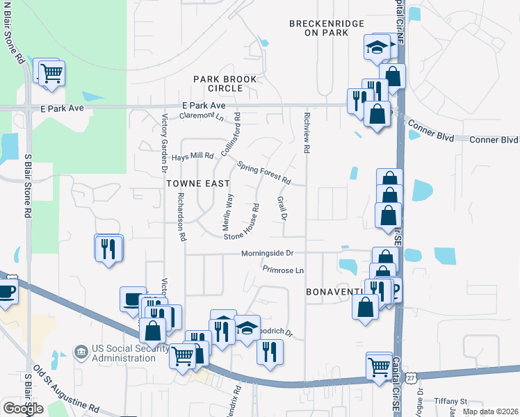 map of restaurants, bars, coffee shops, grocery stores, and more near 481 Stone House Road in Tallahassee