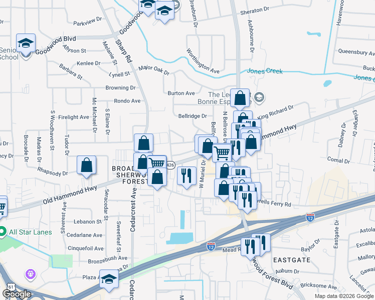 map of restaurants, bars, coffee shops, grocery stores, and more near 1869 Stonegate Court in Baton Rouge