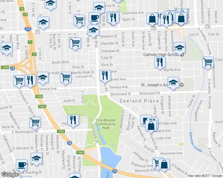 map of restaurants, bars, coffee shops, grocery stores, and more near 2050 Terrace Avenue in Baton Rouge