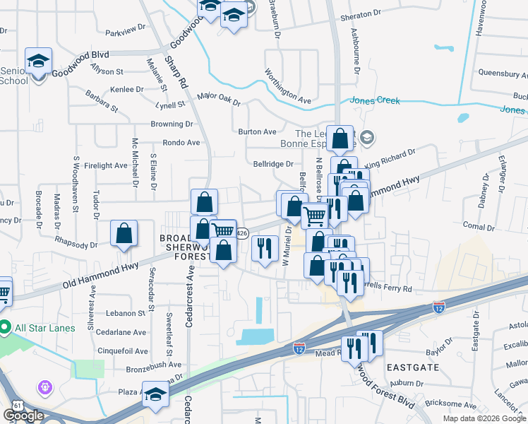 map of restaurants, bars, coffee shops, grocery stores, and more near 1869 Stonegate Ct in Baton Rouge