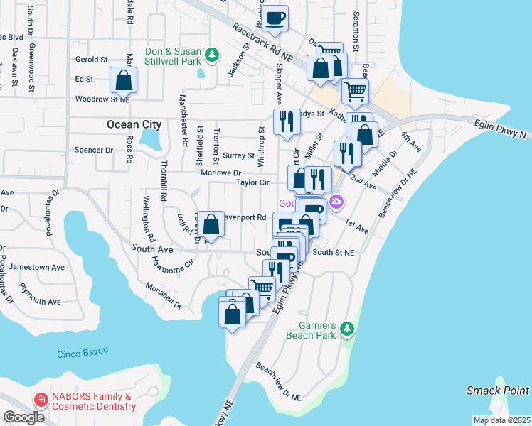 map of restaurants, bars, coffee shops, grocery stores, and more near 105 Davenport Road in Fort Walton Beach