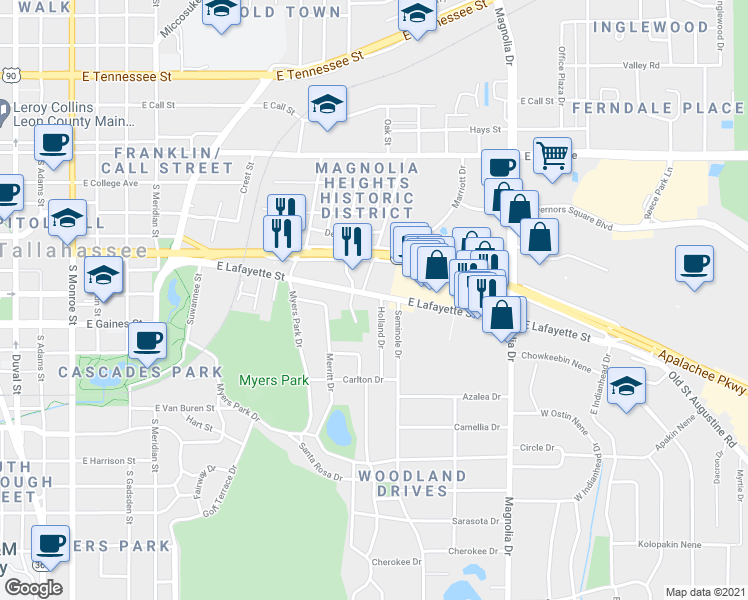 map of restaurants, bars, coffee shops, grocery stores, and more near in Tallahassee