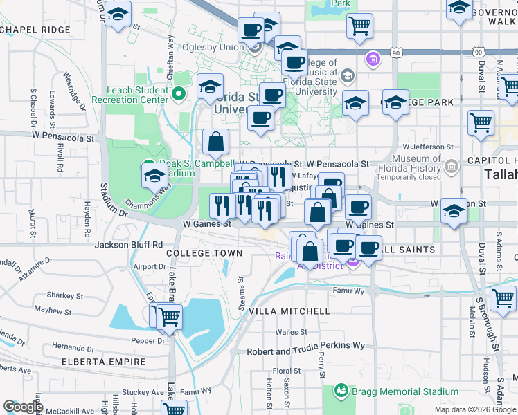 map of restaurants, bars, coffee shops, grocery stores, and more near 815 West Madison Street in Tallahassee