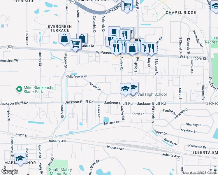 map of restaurants, bars, coffee shops, grocery stores, and more near 323 Meadowbrook Lane in Tallahassee