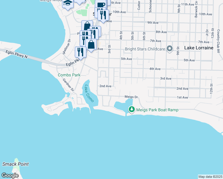 map of restaurants, bars, coffee shops, grocery stores, and more near 5 3rd Street in Shalimar