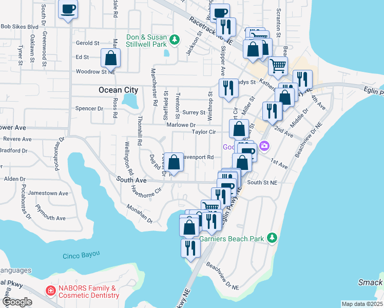 map of restaurants, bars, coffee shops, grocery stores, and more near 203 Tooke Street in Fort Walton Beach