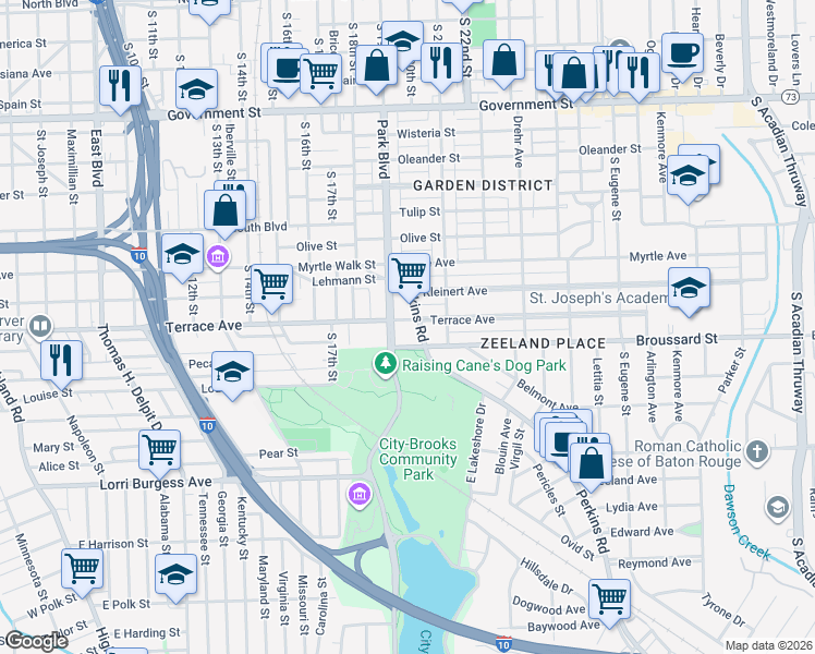 map of restaurants, bars, coffee shops, grocery stores, and more near 1920 Terrace Avenue in Baton Rouge