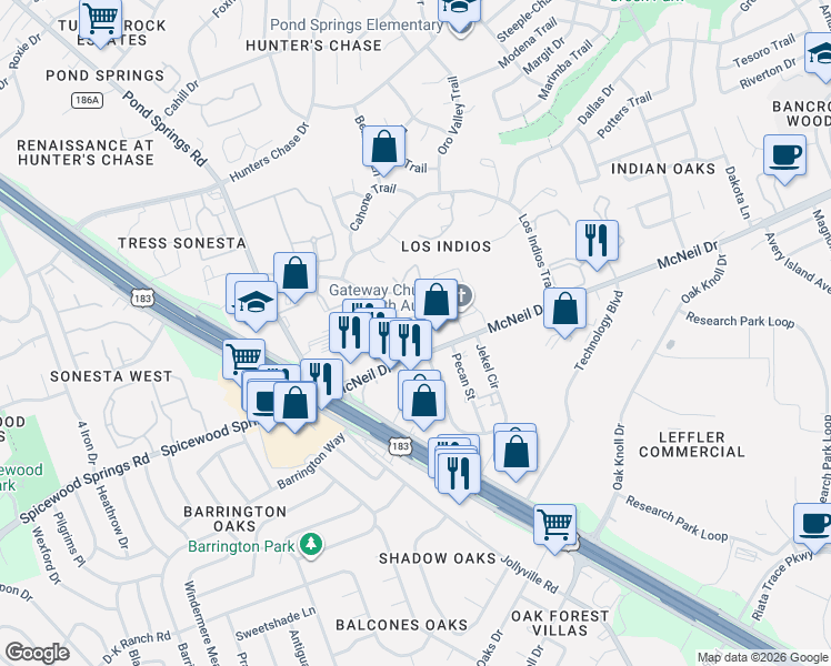 map of restaurants, bars, coffee shops, grocery stores, and more near 7212 McNeil Drive in Austin