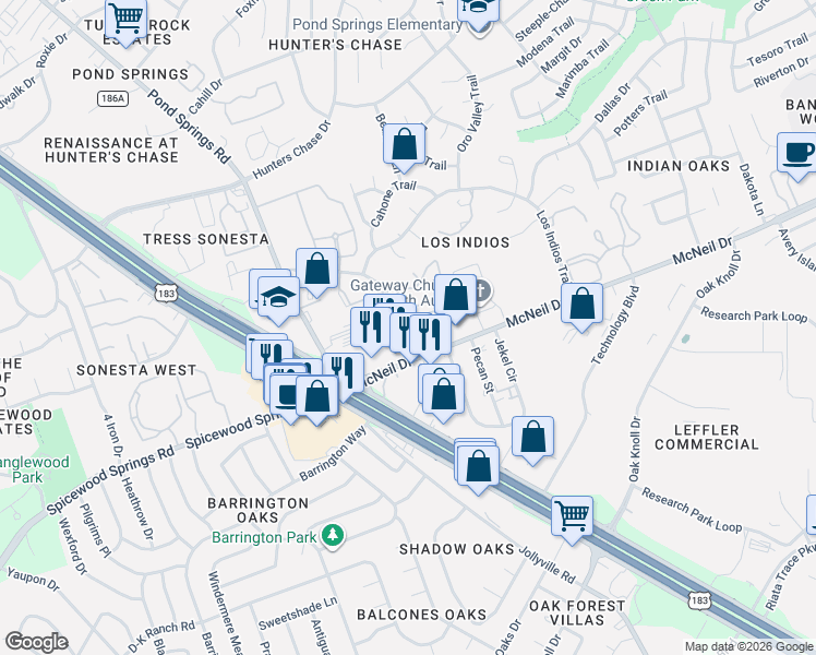 map of restaurants, bars, coffee shops, grocery stores, and more near 7304 McNeil Drive in Austin