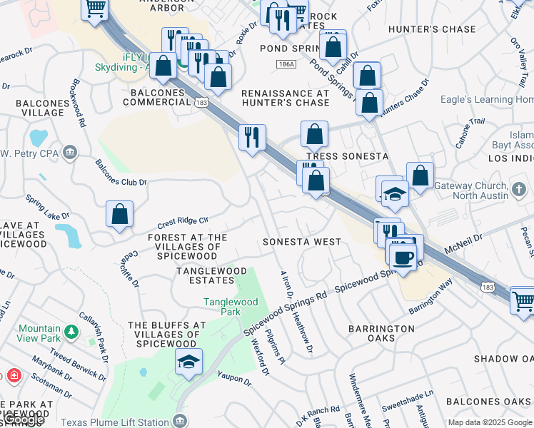 map of restaurants, bars, coffee shops, grocery stores, and more near 8600 Lemens Spice Trail in Austin