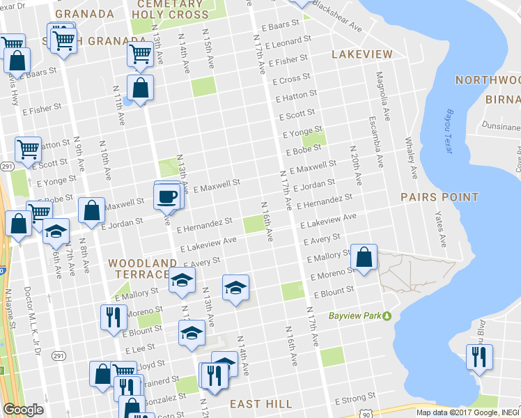 map of restaurants, bars, coffee shops, grocery stores, and more near 1520 East Hernandez Street in Pensacola