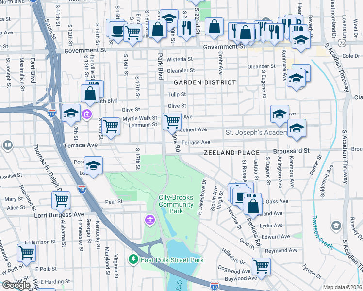 map of restaurants, bars, coffee shops, grocery stores, and more near 2050 Terrace Avenue in Baton Rouge