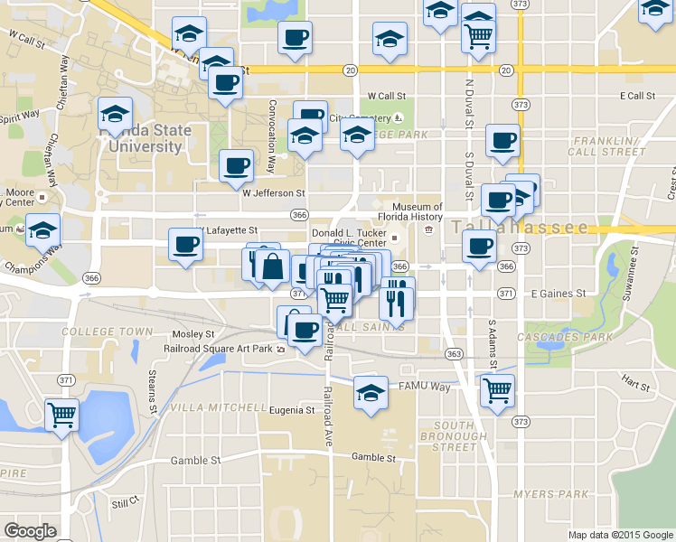 map of restaurants, bars, coffee shops, grocery stores, and more near 703 Railroad Avenue in Tallahassee