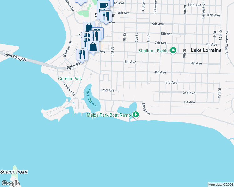 map of restaurants, bars, coffee shops, grocery stores, and more near 20 2nd Avenue in Shalimar