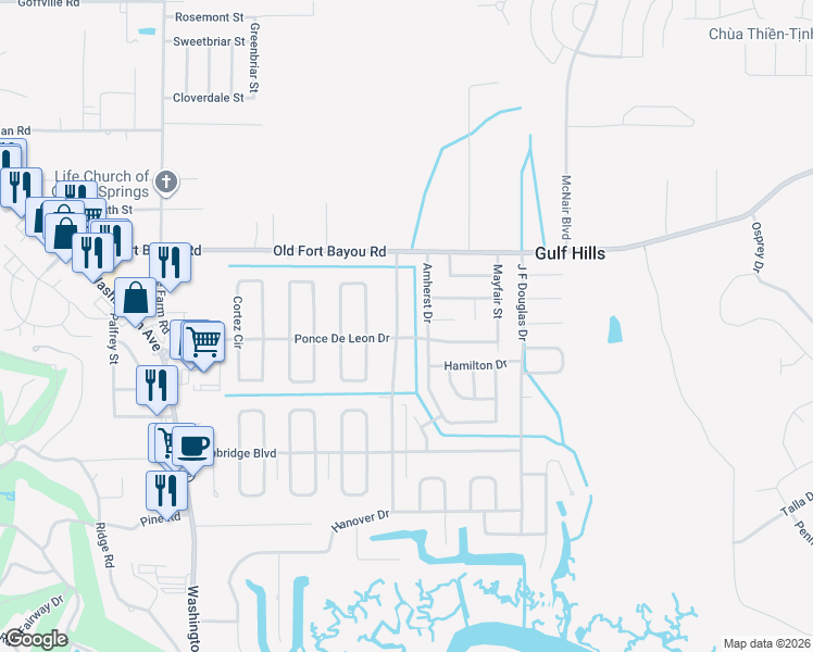 map of restaurants, bars, coffee shops, grocery stores, and more near 6512 Lancaster Boulevard in Ocean Springs