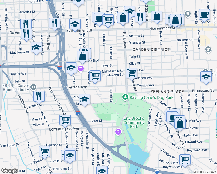map of restaurants, bars, coffee shops, grocery stores, and more near 1616 Terrace Avenue in Baton Rouge