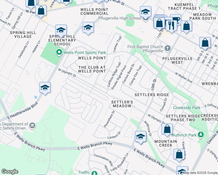 map of restaurants, bars, coffee shops, grocery stores, and more near 819 Caribou Ridge Trail in Pflugerville